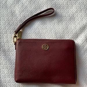 Tory Burch Wine Leather Wristlet with Gold Logo